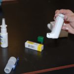 Racks of empty medicine bottles in the pharmacy lab