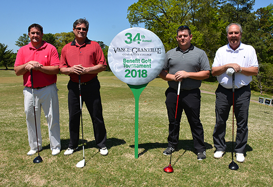 The AAA team of, from left, Blair Thomas, David Thomas, Kyle Holtzman and Hal Finch won “second net” with a 57 in the morning round of the 34th Annual Vance-Granville Community College Endowment Fund Golf Tournament at the Henderson Country Club.