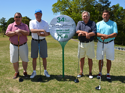 Runner-up in the afternoon round of the 34th Annual Vance-Granville Community College Endowment Fund Golf Tournament, winning “second net” with a score of 55, was the Charles Boyd Chevrolet team of, from left, Russell Boyd, Rusty Crocker, Mike Rainey and Jan Fletcher. 