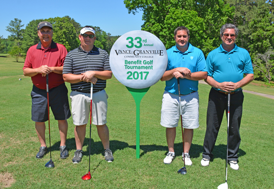 The AAA team of, from left, Hal Finch, Kyle Holtzman, Blair Thomas and David Thomas placed “first gross” in the morning round of the 33rd Annual Vance-Granville Community College Endowment Fund Golf Tournament at the Henderson Country Club. 