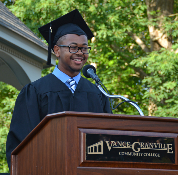 Daniel Davis of Norlina speaks on behalf of the graduates at Vance-Granville Community College on May 13. (VGCC photo)