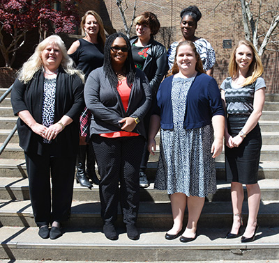 VGCC students from Franklin County who were inducted into the Phi Theta Kappa honor society on April 17 included, from left, front row, Lorie Shepherd, Lastacey Burwell, Michelle Harris-Evans and Megan Whitman; back row, Wendy Boncek, Grace Ohlandt and Tara Burwell. (VGCC Photo)