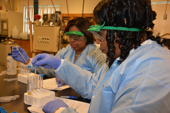 Teachers doing a science experiment in a lab