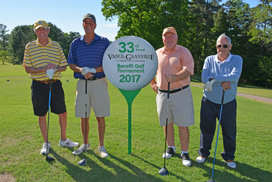 The Institutional Interiors team of, from left, Macy Foster, Billy Stanton, Tim Hill and George Watkins won “first gross” in the afternoon round of the 33rd Annual Vance-Granville Community College Endowment Fund Golf Tournament at the Henderson Country Club. 