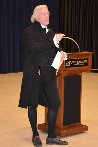 Bill Barker, as Thomas Jefferson, makes a point during his presentation on religious freedom at VGCC. 