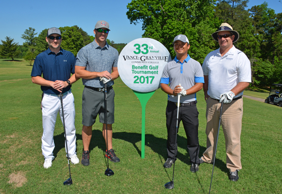 The team of, from left, Billy Gillispie, Michael Patterson, Jordan Peterson and Tim Gemmell won “first net” in the morning round of the 33rd Annual Vance-Granville Community College Endowment Fund Golf Tournament at the Henderson Country Club.