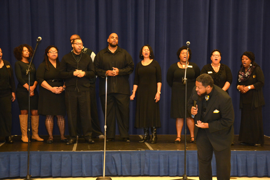 A choir that included VGCC faculty, staff, students and alumni performs during the college’s Martin Luther King, Jr., Holiday program. In the foreground is soloist and VGCC alumnus Leonte Parker. 