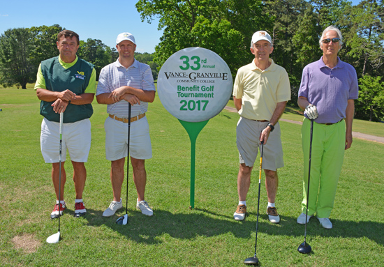 Runners-up in the afternoon round of the 33rd Annual Vance-Granville Community College Endowment Fund Golf Tournament, winning “second net,” were, from left, Jan Fletcher, Steven Brame, Steve McNally and George Foster.