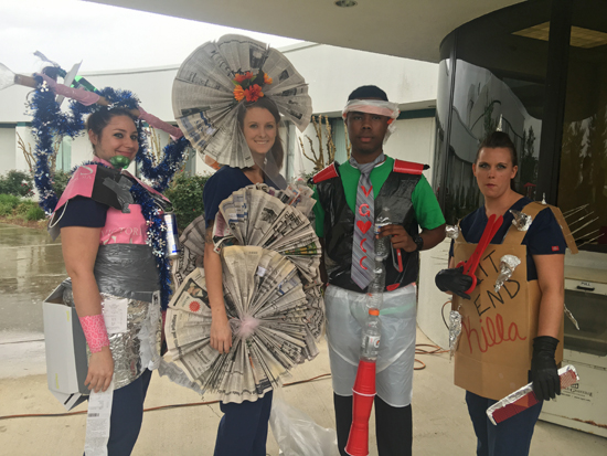 Winners of the Earth Day “Trash Fashion Show” held at South Campus included, from left, students Jessica Lovegrove of Creedmoor (first place), Corrine McDowell of Durham (second place), Kelan Marable of Oxford (third place) and Charlotte Slaughter of Butner (honorable mention).