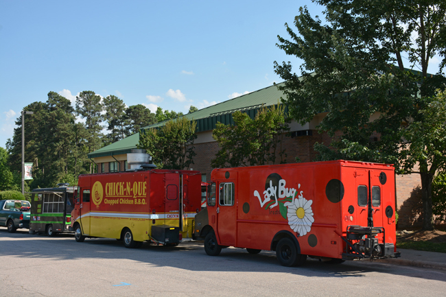 Three food trucks -- Virgil's, Chick-n-Que and Ladybug’s Treats -- are seen here at the first Mini-Food Truck Rodeo held at VGCC’s Franklin County Campus. (VGCC photo)