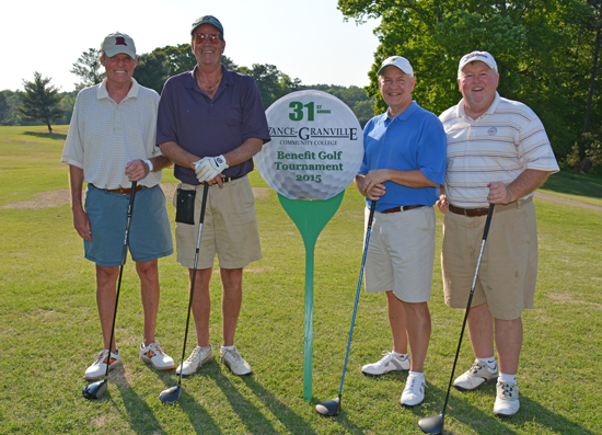 The team from Institutional Interiors, including from left, Tim Hill, Billy T. Stanton, Mike Baskett and Macy Foster, won the afternoon round of the 31st Annual Vance-Granville Community College Endowment Fund Golf Tournament at the Henderson Country Club on May 5. (VGCC Photo)