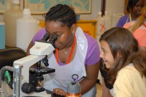 science campers looking through a microscope