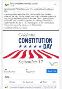 Screen shot of Constitution Day Facebook Post