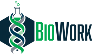 BioWork Logo, bubbling beaker on top of a dna stran