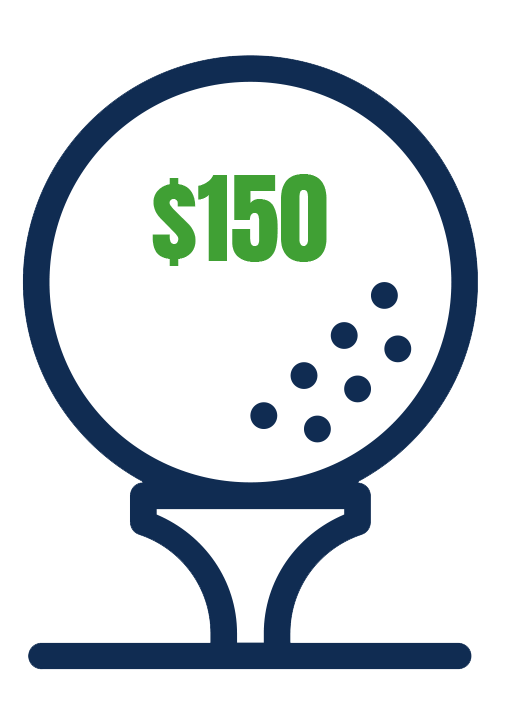 Golf ball on a tee with $150representing the cost of a Tee Box sponsorship