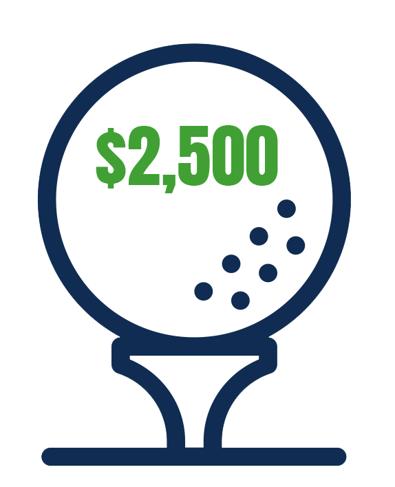 Golf ball on a tee with $2,500 representing cost of sponsorship